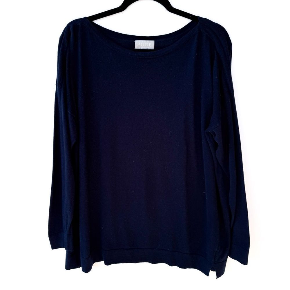 Pure Collection Navy Blue Boatneck Light Weight Cotton Silk Sweater Size 12